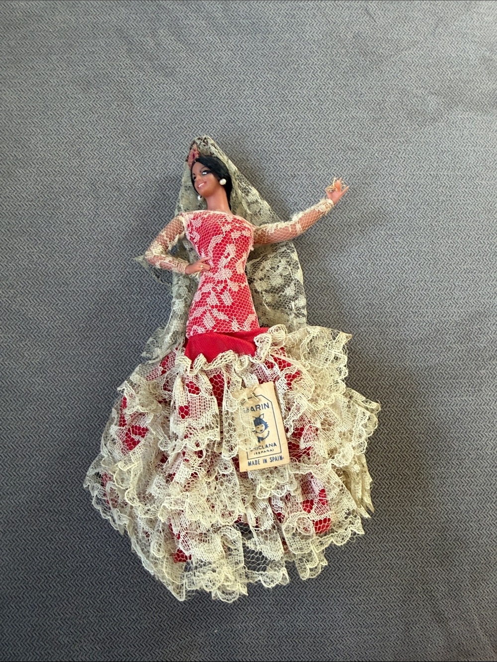 MARINA Red and Cream Flamenco Doll with Lace Mantilla
